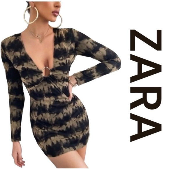 ZARA Dress w/Silver Hardware at Bust in Black & Goldish/Green Hue, Size XL. - Picture 1 of 15